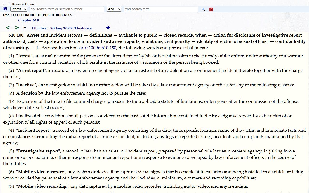 Missouri arrest and incident report access statute