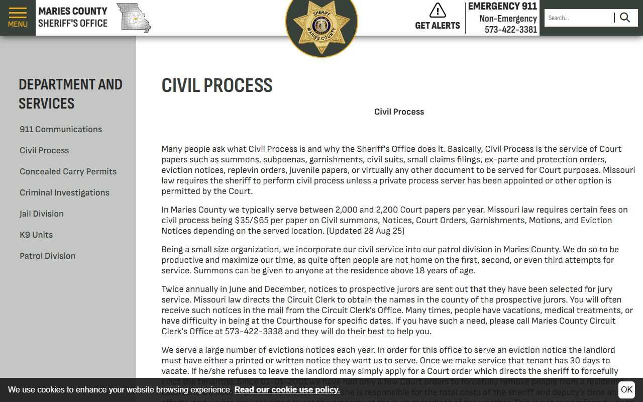 Maries County sheriff civil process page for court papers