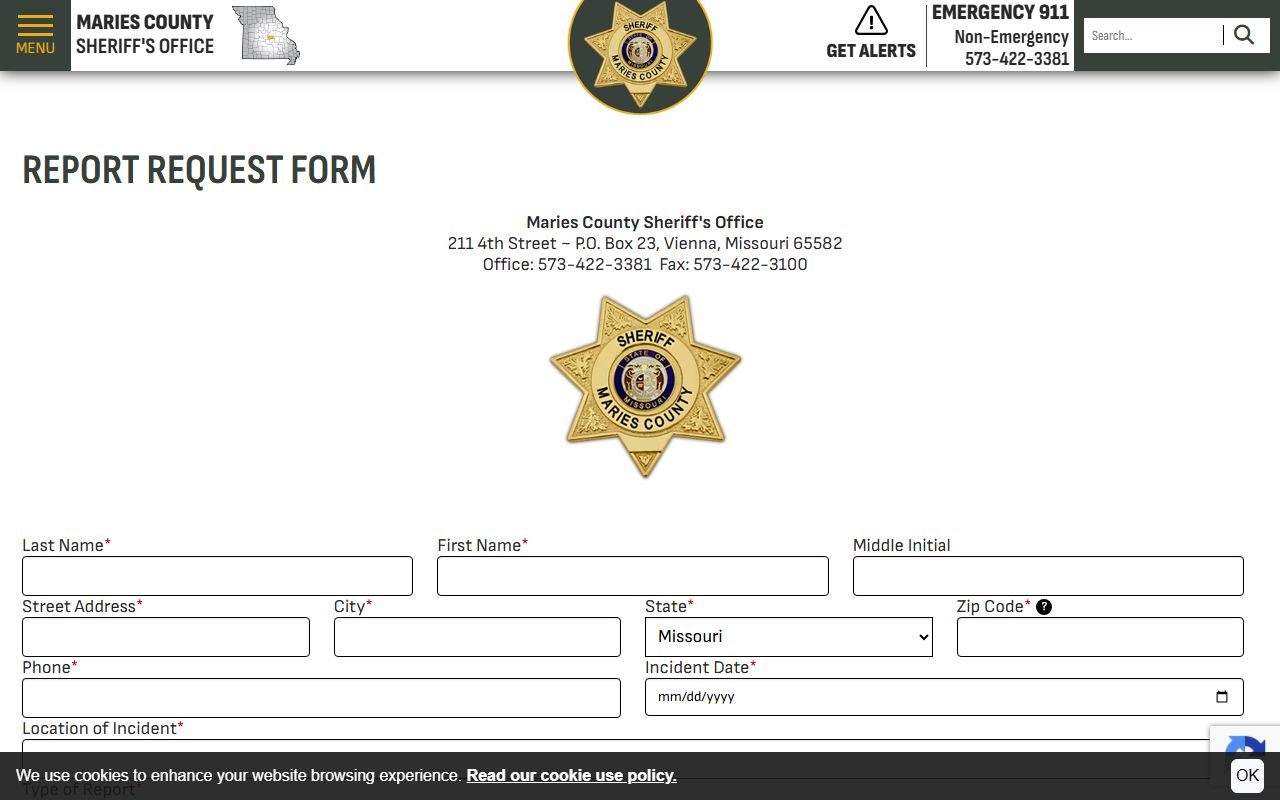 Maries County sheriff report request form for arrest and incident records