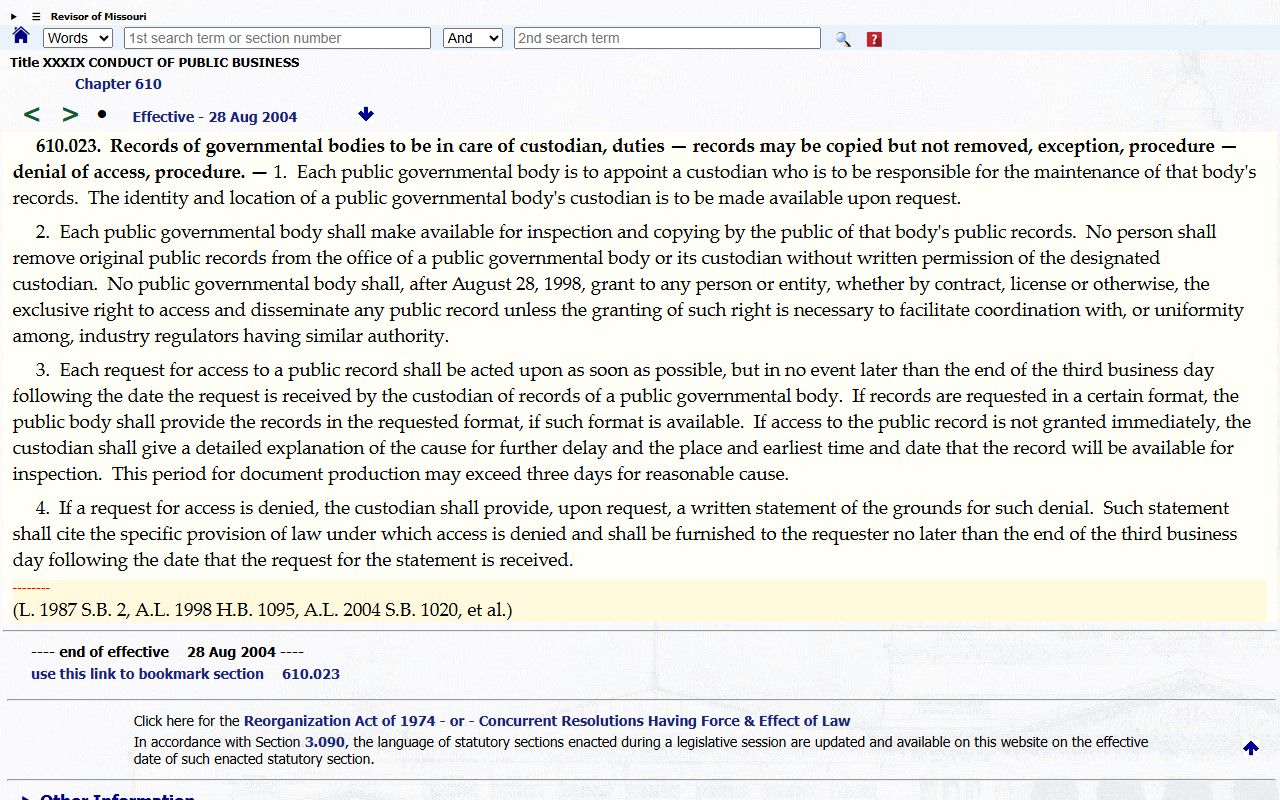 Missouri public records custodian response statute