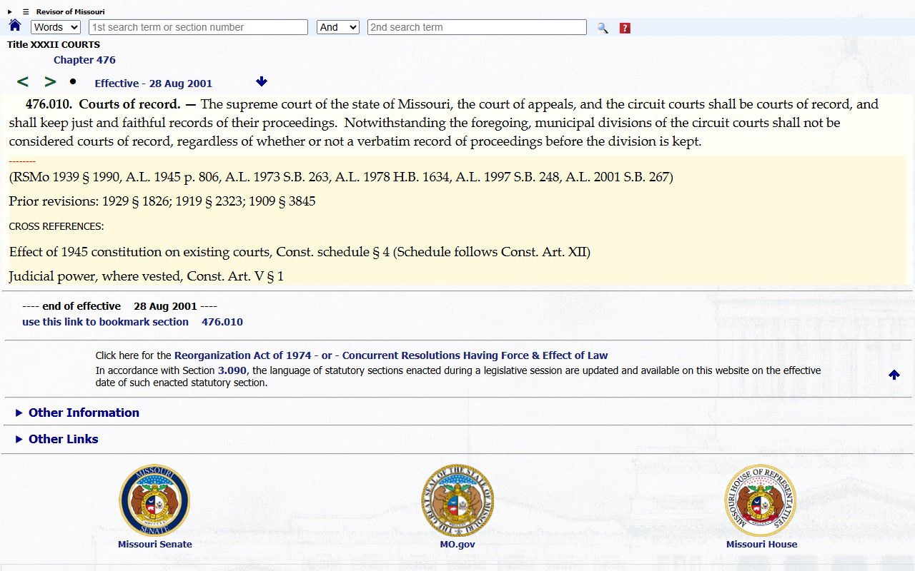 Missouri courts of record statute source
