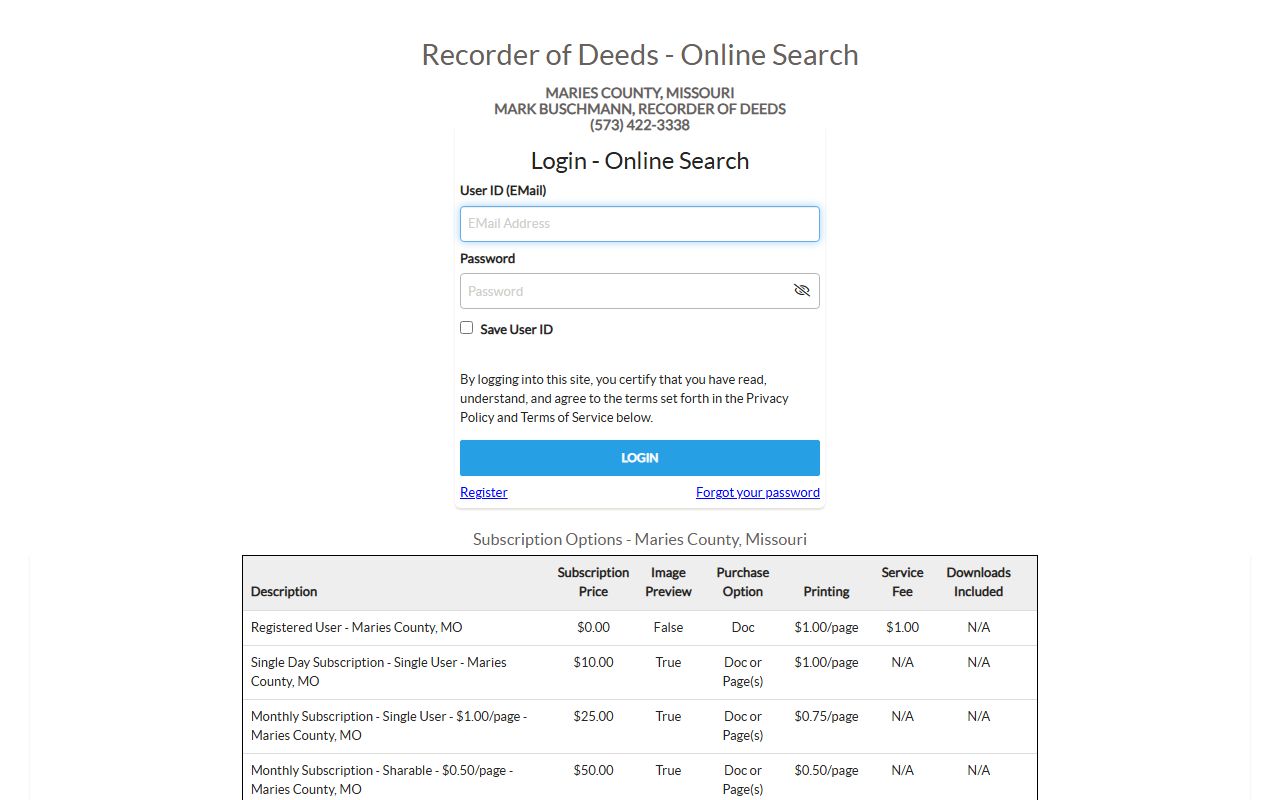 Maries County iCounty recorder search login and subscription page