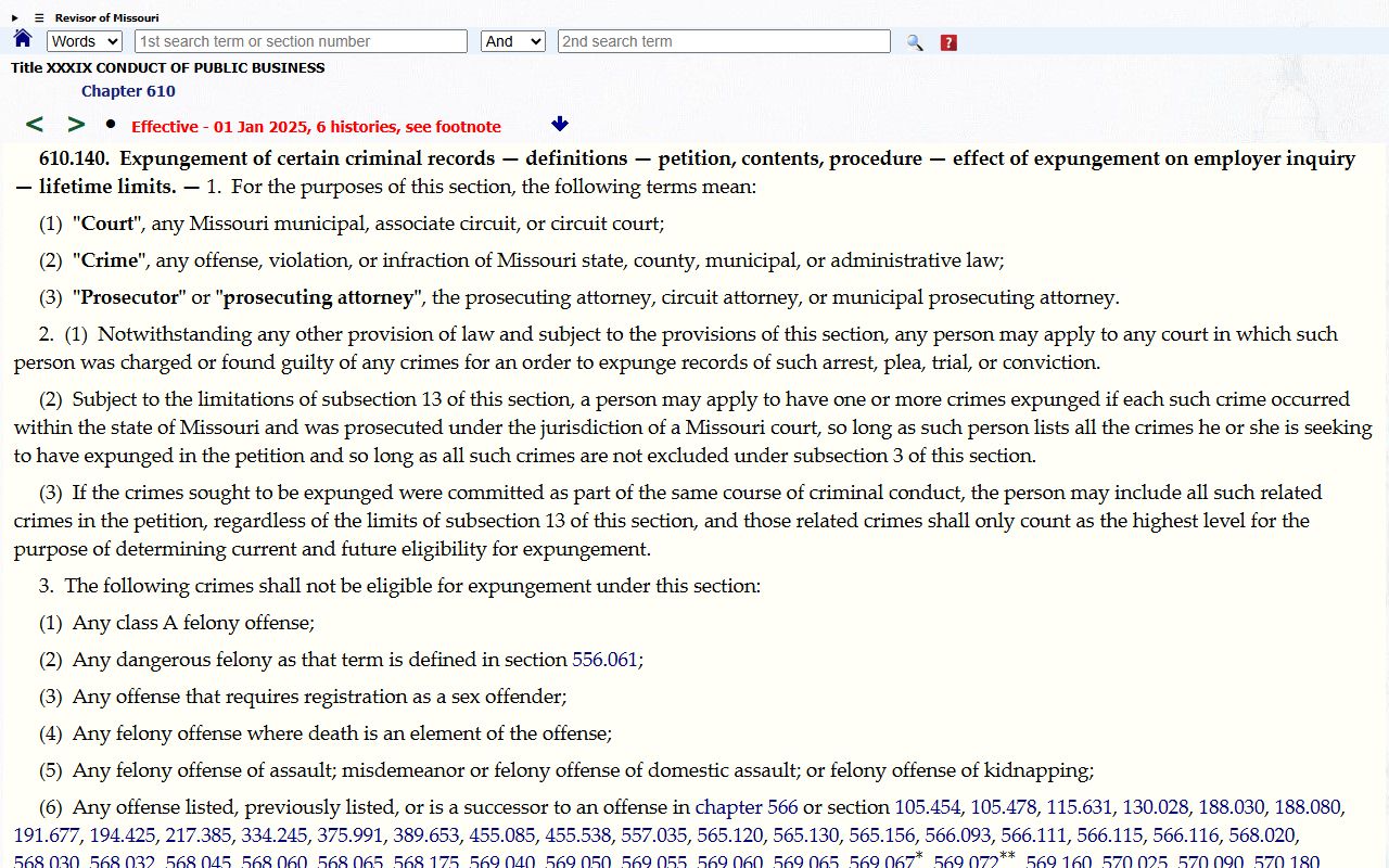 Missouri criminal record expungement statute source