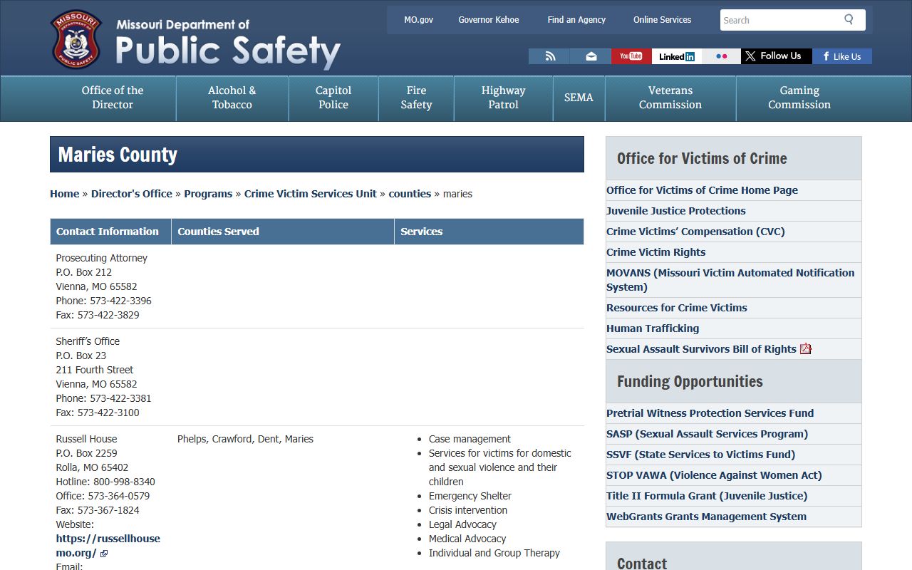 Missouri DPS Maries County victim services source
