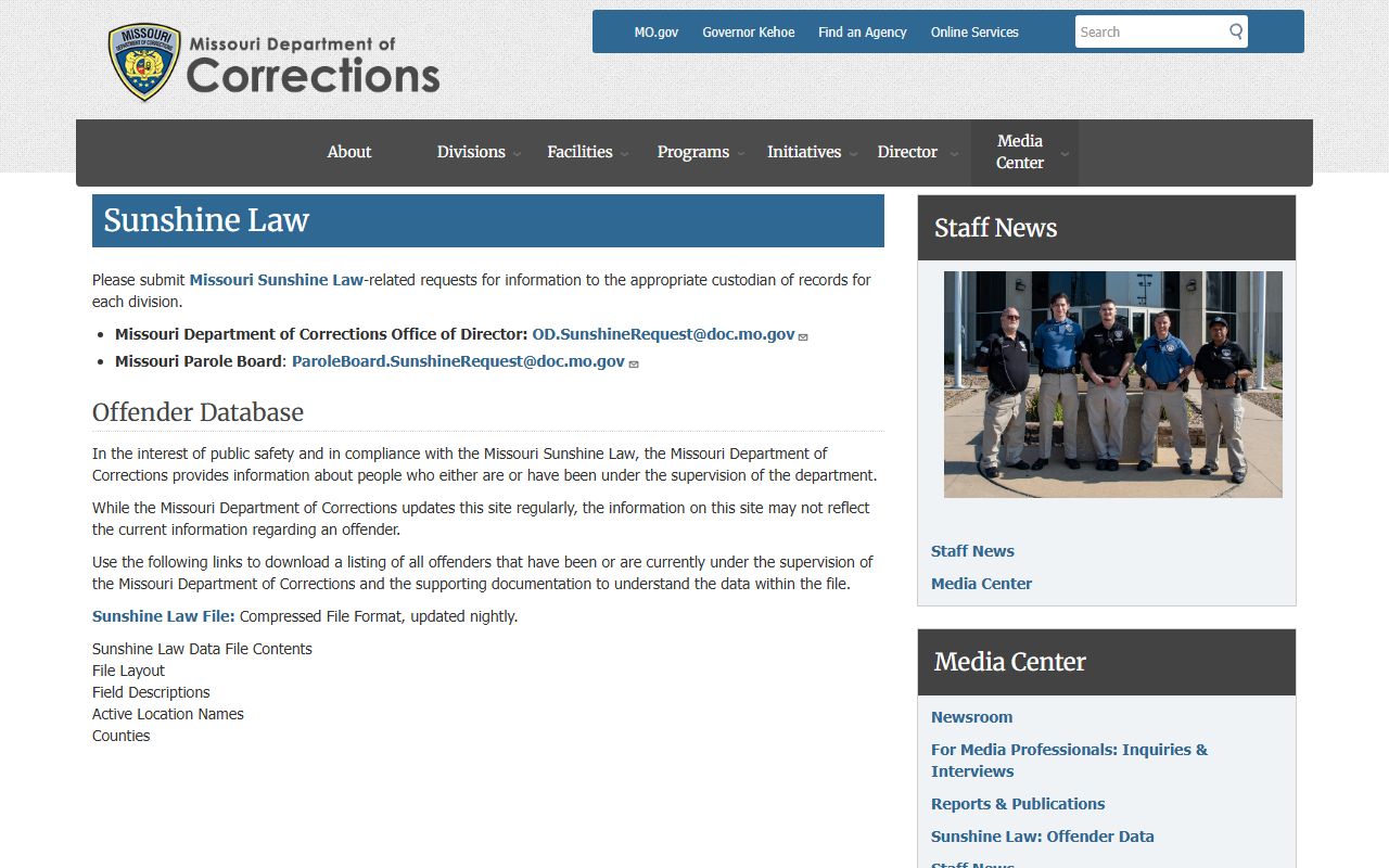 Missouri DOC Sunshine Law offender data fields