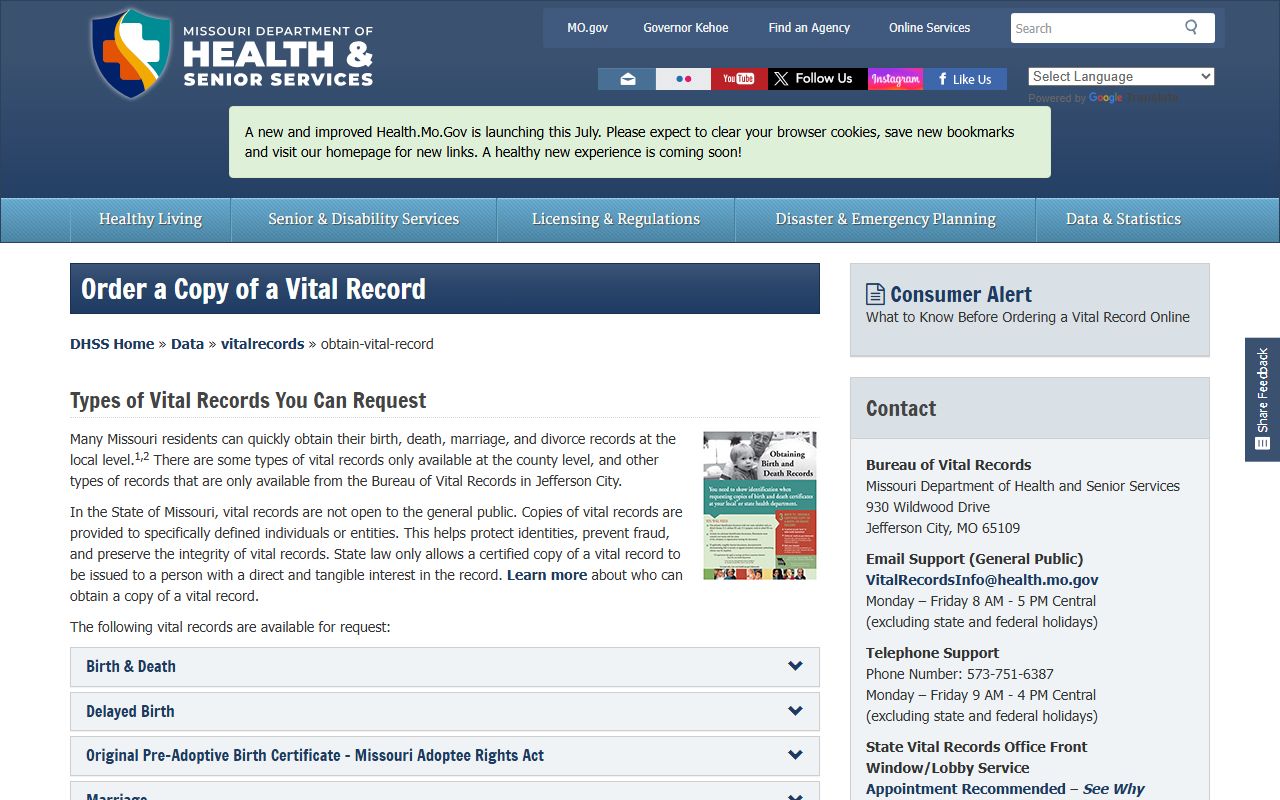 Maries County marriage and divorce records DHSS ordering page