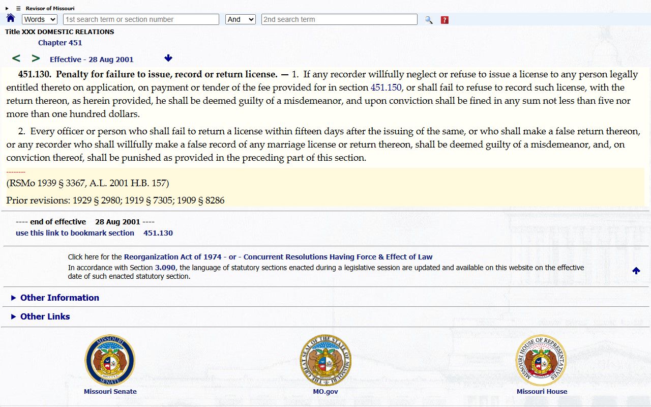 Maries County marriage records Missouri marriage return statute