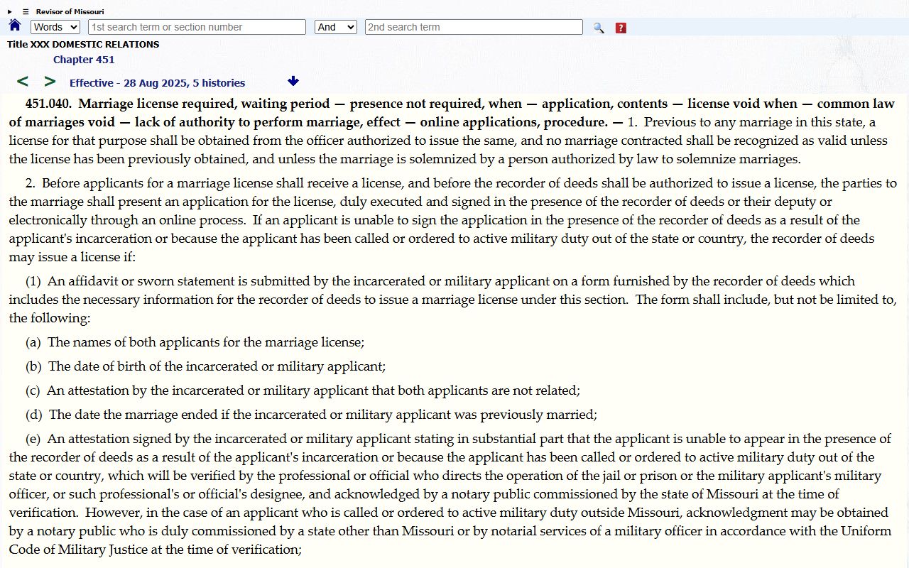 Maries County marriage records Missouri license statute