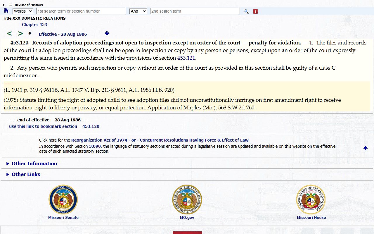 Maries County probate records adoption record confidentiality statute