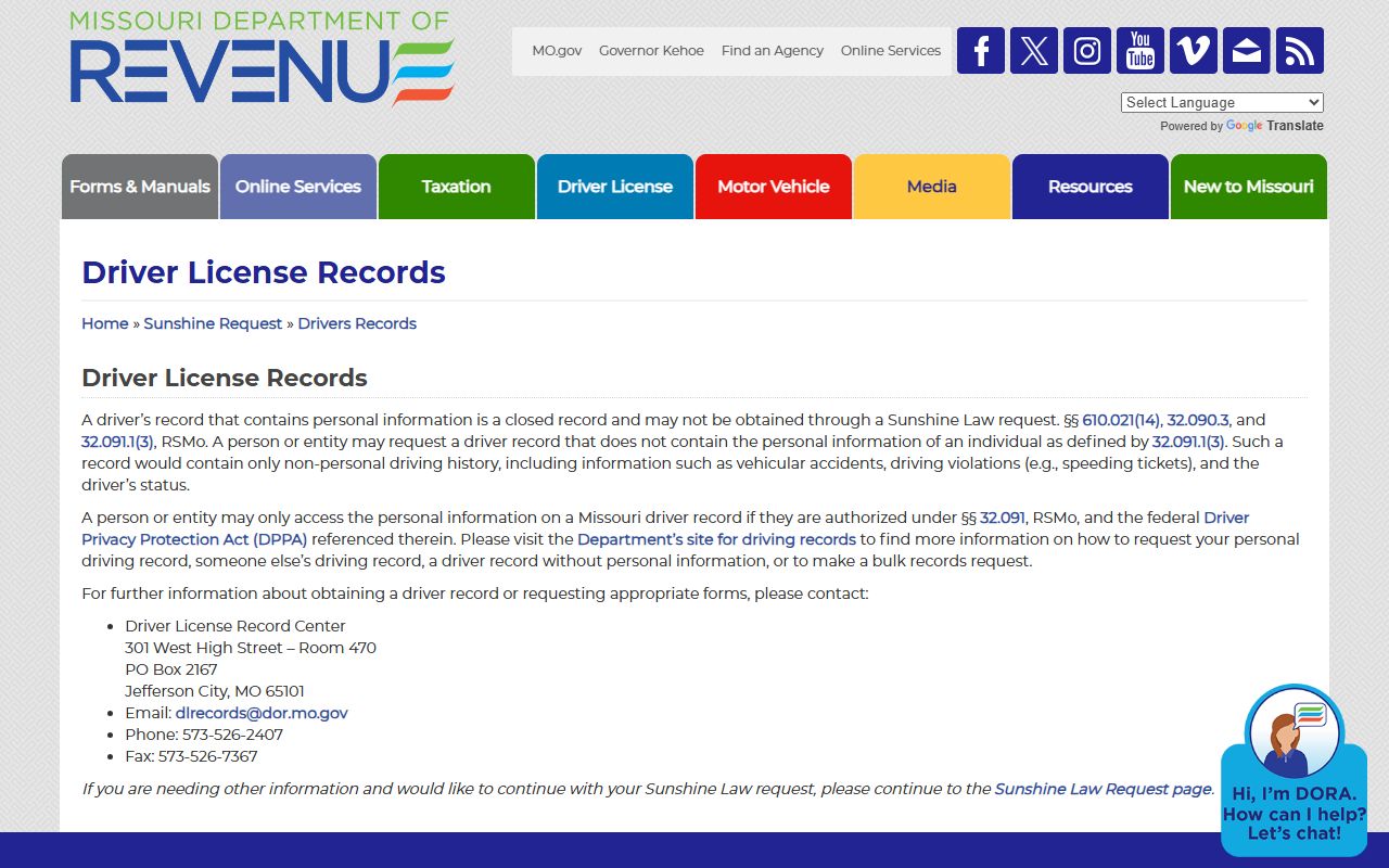 Missouri DOR driver record access page