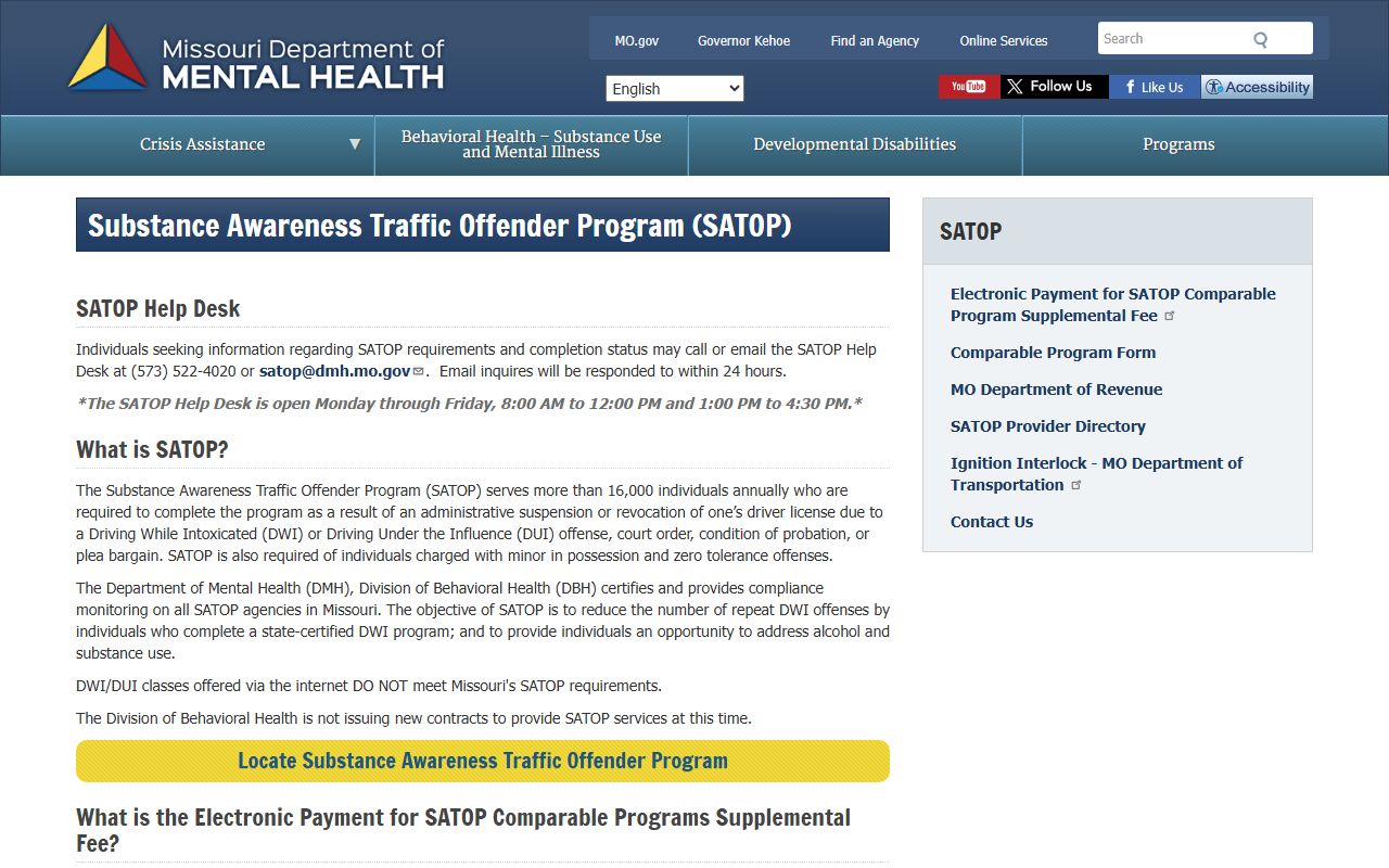 Missouri DMH SATOP page for alcohol and drug traffic offenses