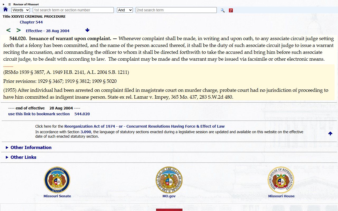 Missouri felony warrant statute