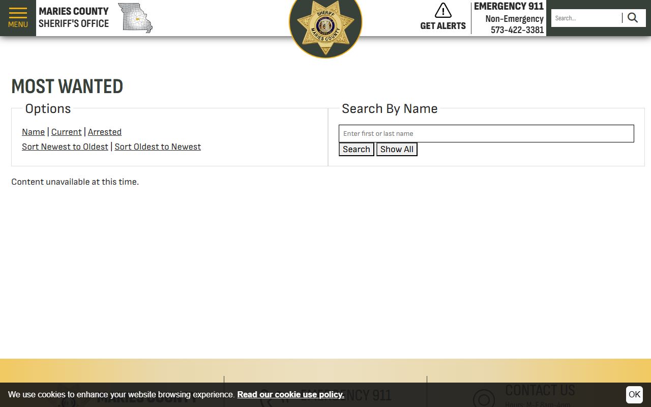 Maries County sheriff Most Wanted controls with unavailable content