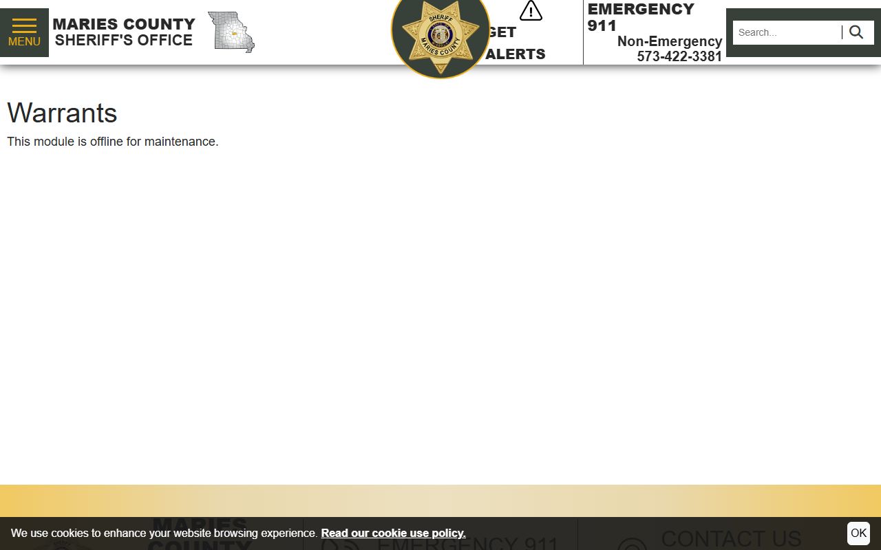 Maries County sheriff warrant module offline for maintenance